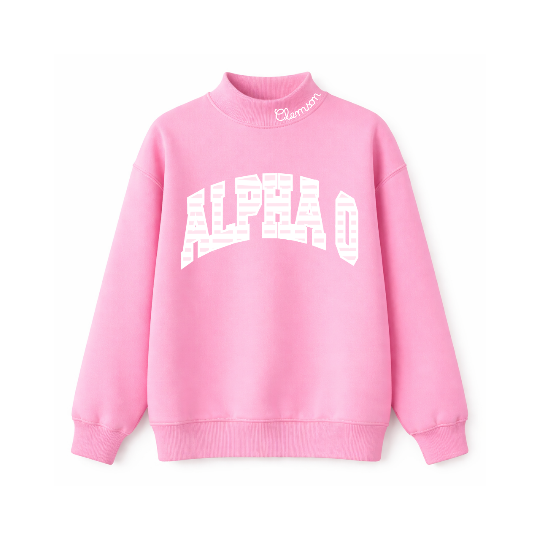 Alpha O Pink and white Stripes Mockneck