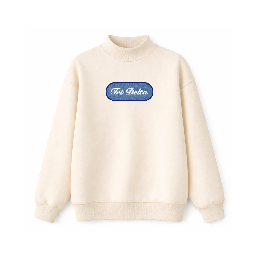 Cream and Denim Patch Mockneck