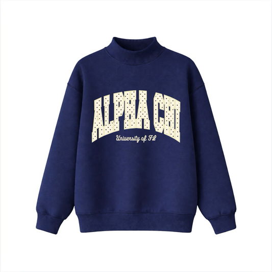 Alpha Chi Cream and Navy Polka Dots Mockneck